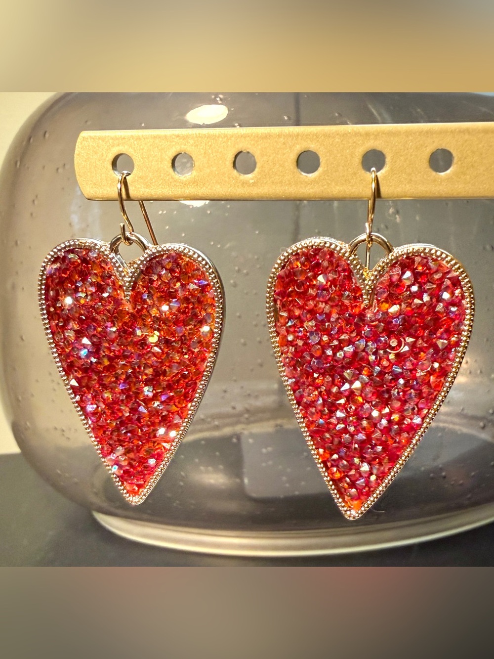 Red Bling Heart Gold Tone Dangle Earrings